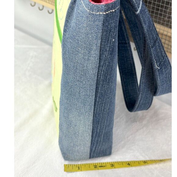 Handmade Upcycled Denim Floral Small Tote Bag Magnetic Closure Pockets Cotton - Picture 11 of 11